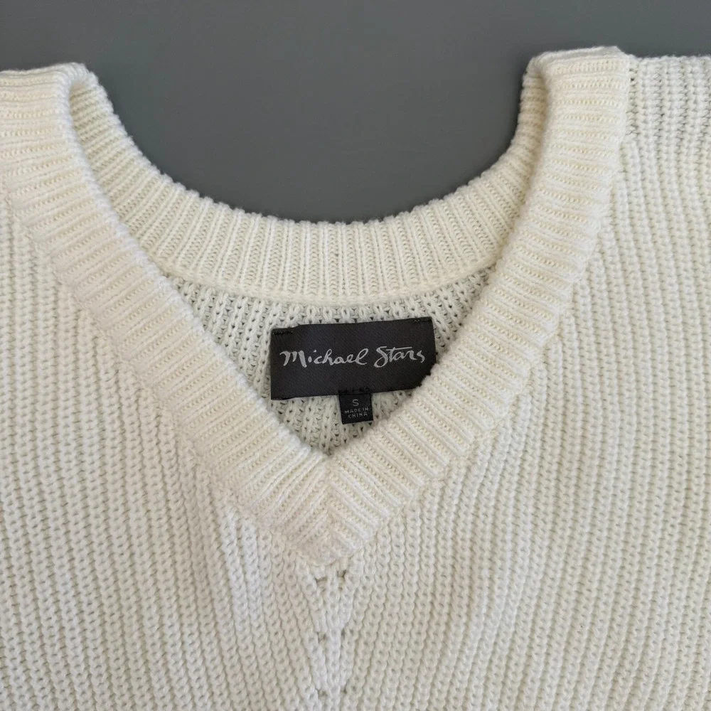 Michael Stars V-Neck Knit Sweater Pullover Long Sleeve Casual Cream Size S